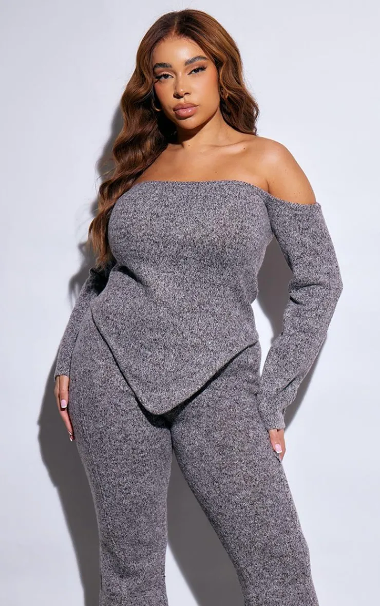 Online PrettyLittleThing Plus Marl Knit Bardot Corset Style Top Grey