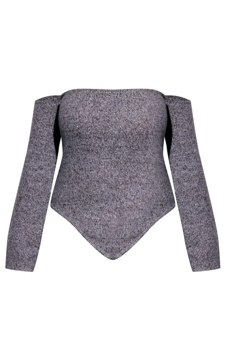 Online PrettyLittleThing Plus Marl Knit Bardot Corset Style Top Grey