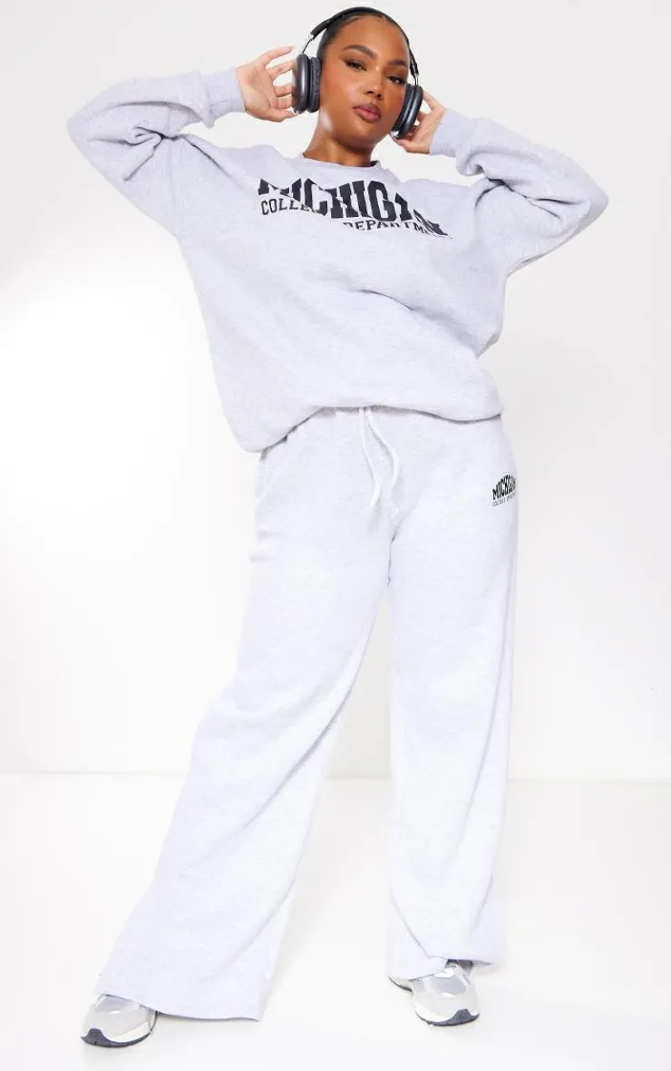 PrettyLittleThing Grey Sweatsuits*Plus Michigan Printed Wide Leg Sweatpants