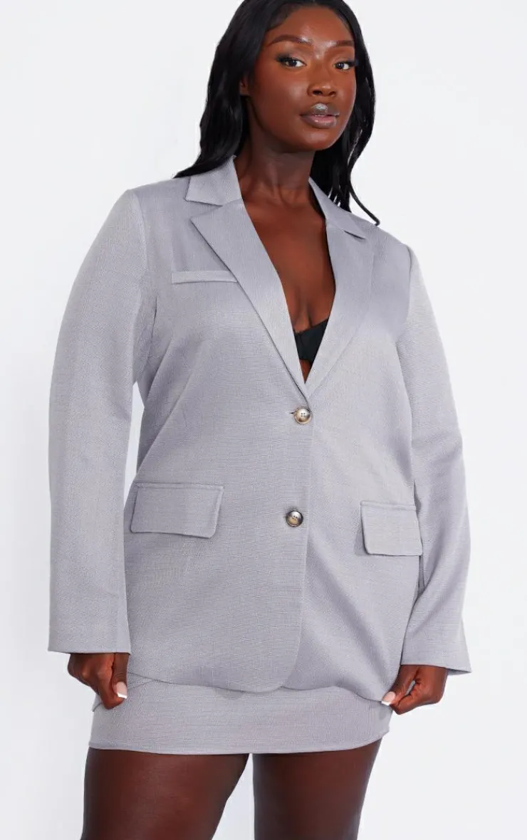 Outlet PrettyLittleThing Plus Oversized Linen Look Blazer Grey