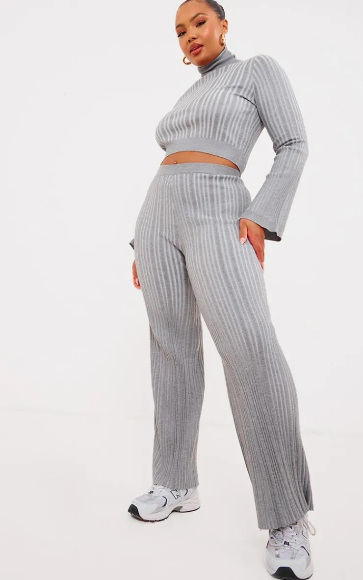 Outlet PrettyLittleThing Plus Rib Knitted Wide Leg Pants Grey