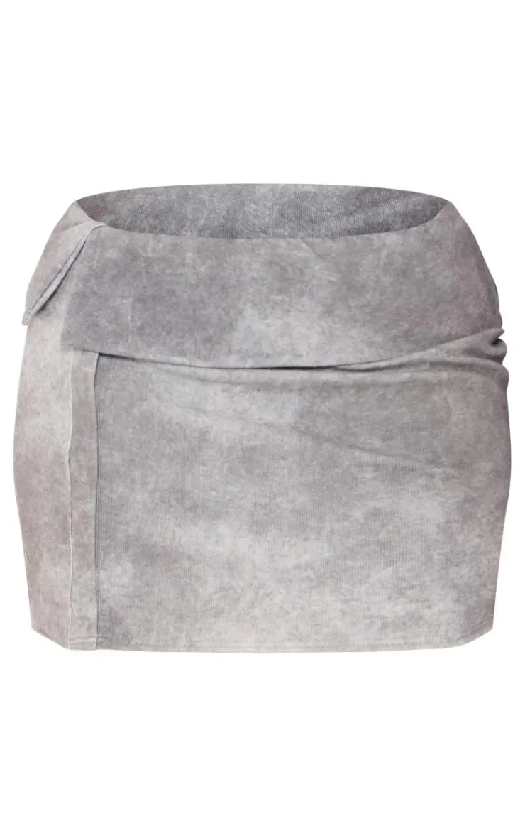 Outlet PrettyLittleThing Plus Ribbed Fold Over Button Detail Mini Skirt Grey