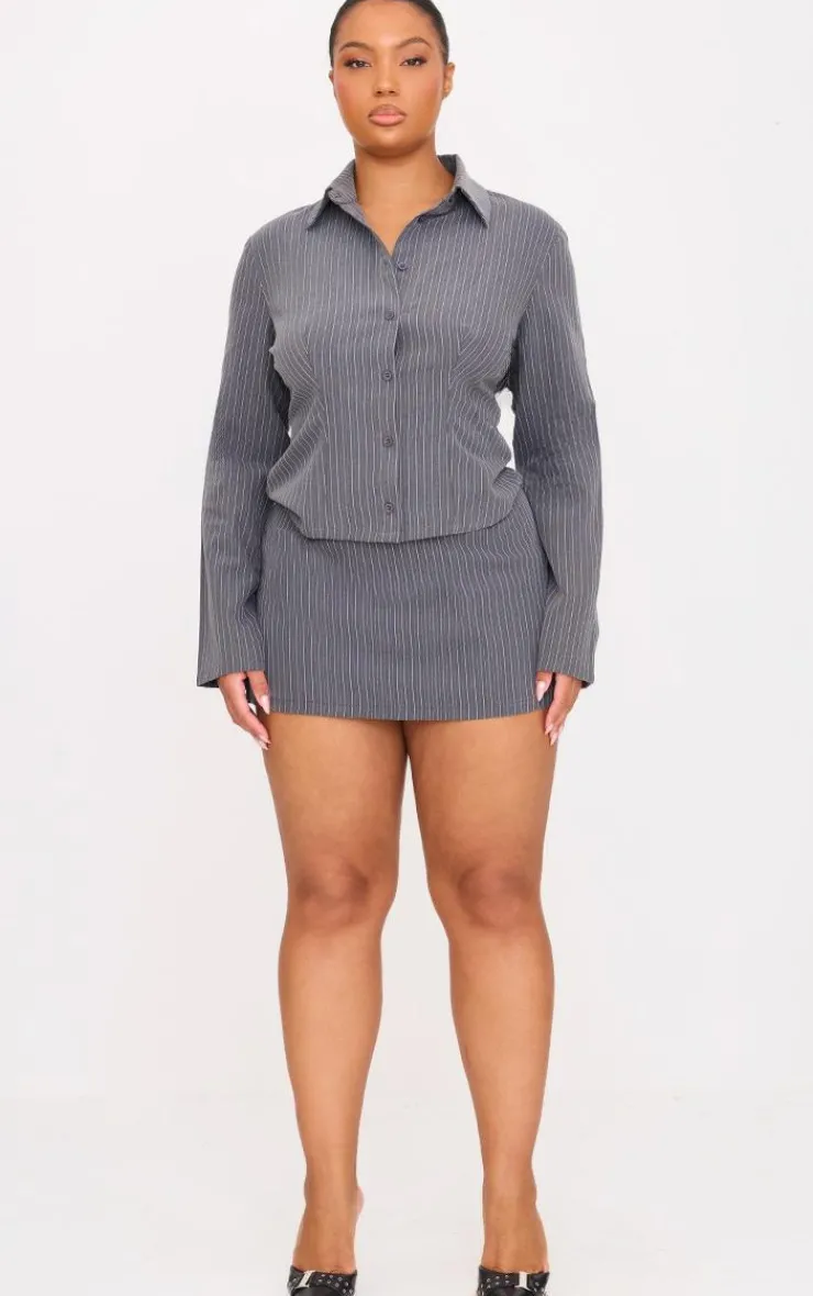 Online PrettyLittleThing Plus Tailored Woven Glitter Pinstripe Micro Mini Skirt Grey