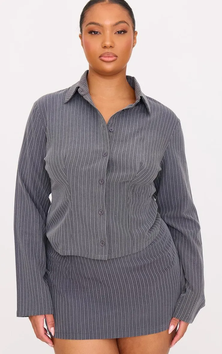 Online PrettyLittleThing Plus Tailored Woven Glitter Pinstripe Micro Mini Skirt Grey