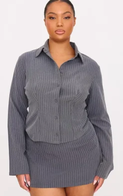 PrettyLittleThing Plus Tailored Woven Glitter Pinstripe Fitted Shirt Grey