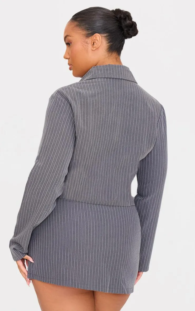 PrettyLittleThing Plus Tailored Woven Glitter Pinstripe Fitted Shirt Grey