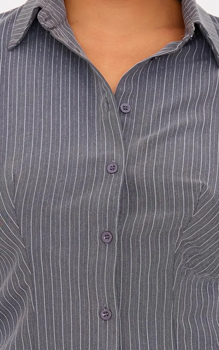 PrettyLittleThing Plus Tailored Woven Glitter Pinstripe Fitted Shirt Grey