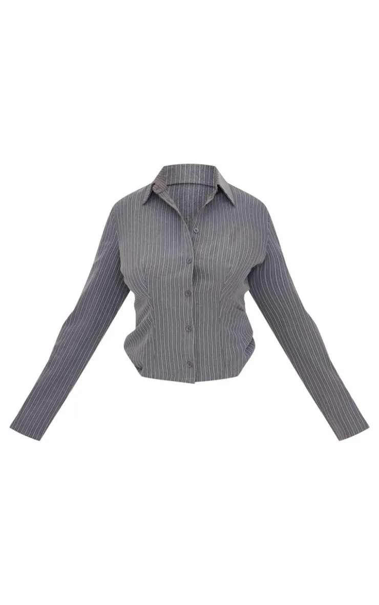 PrettyLittleThing Plus Tailored Woven Glitter Pinstripe Fitted Shirt Grey