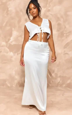 PrettyLittleThing Plus Ivory Satin Midaxi Skirt Mocha