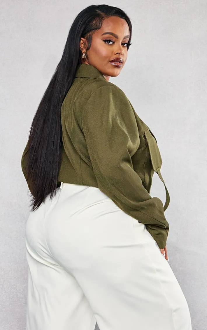 Plus Khaki Cargo Pocket Detail Crop Blazer