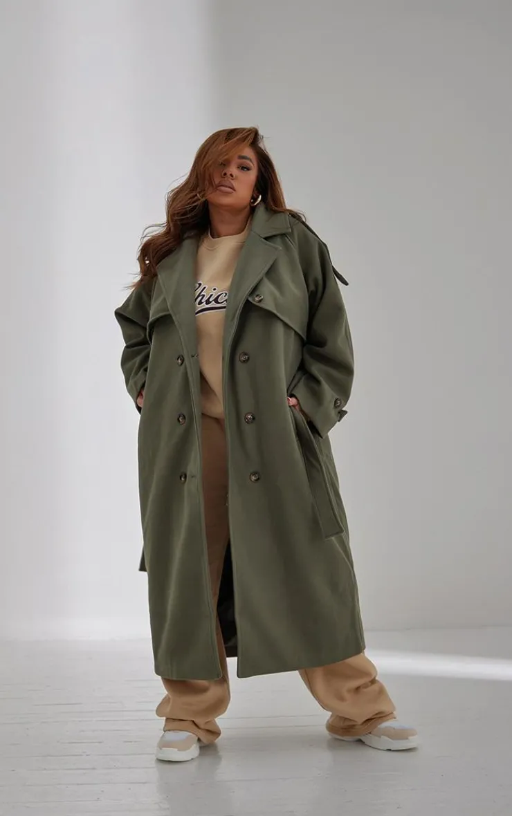 PrettyLittleThing Trench Coats*Plus Oversized Double Breasted Military Trim Coat