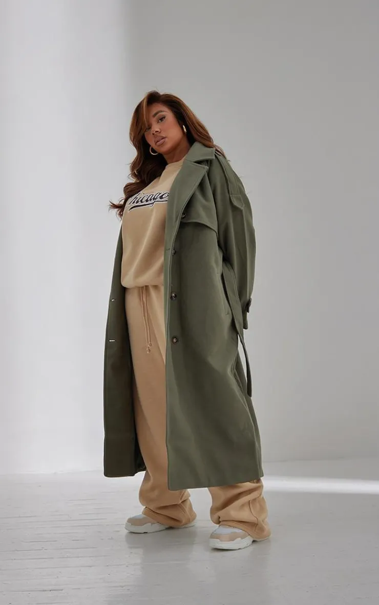 PrettyLittleThing Trench Coats*Plus Oversized Double Breasted Military Trim Coat