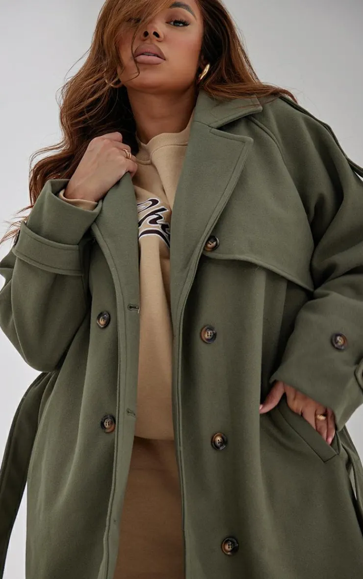 PrettyLittleThing Trench Coats*Plus Oversized Double Breasted Military Trim Coat