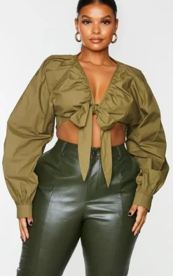 PrettyLittleThing Blouses*Plus Tie Front Ruched Blouse