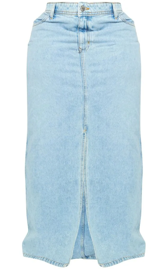 Plus Light Blue Wash Split Front Maxi Denim Skirt