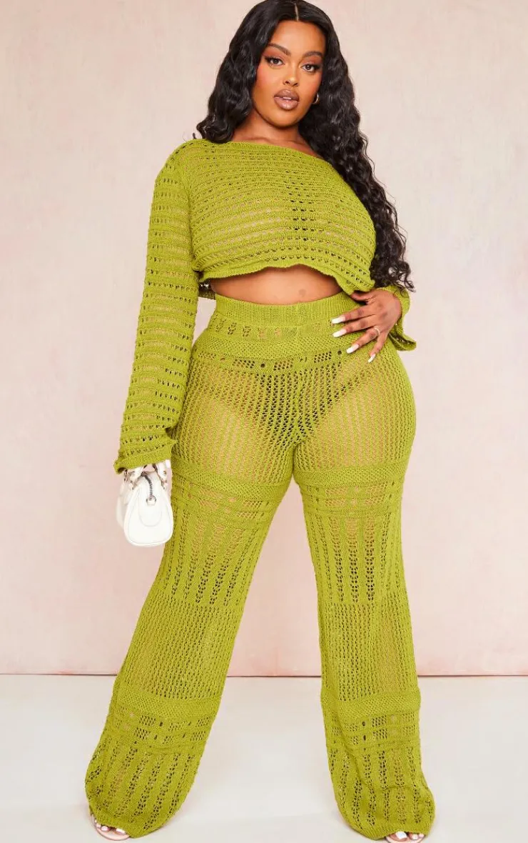 New PrettyLittleThing Plus Knitted Straight Leg Pants Olive