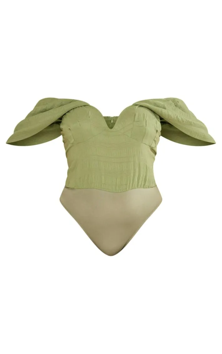 Plus Olive Textured Bardot Bodysuit