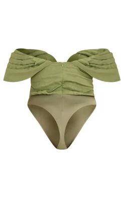 Plus Olive Textured Bardot Bodysuit
