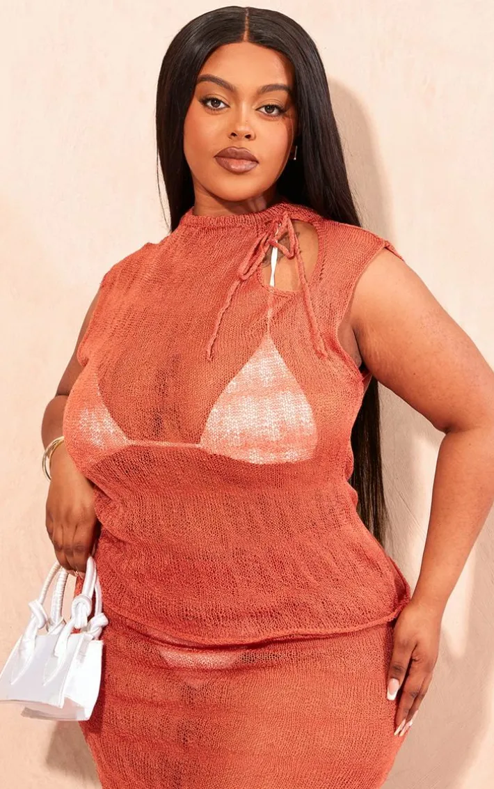 Plus Orange Sheer Knit Tie Neck Sleeveless Top