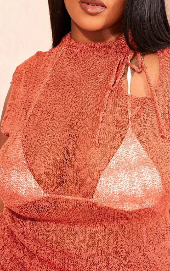 Plus Orange Sheer Knit Tie Neck Sleeveless Top