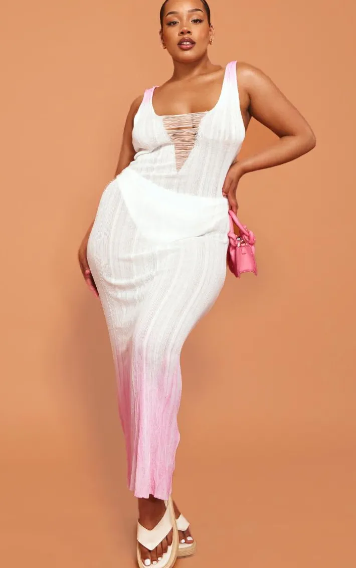 Plus Pink Sheer Ombre Ladder Knit Detail Maxi Dress
