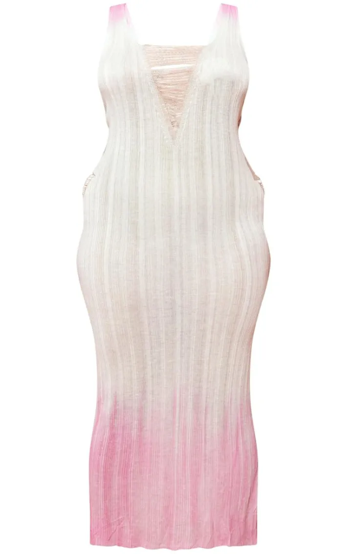 Plus Pink Sheer Ombre Ladder Knit Detail Maxi Dress