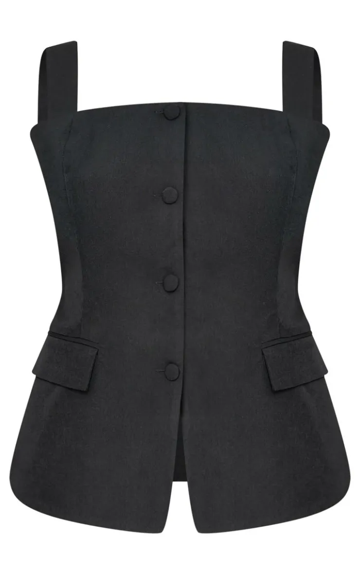 Discount PrettyLittleThing Plus Premium Button Detail Corset Vest Black