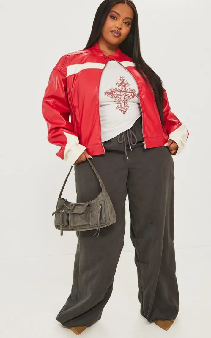 Plus Red PU Racer Neck Pleated Detail Jacket