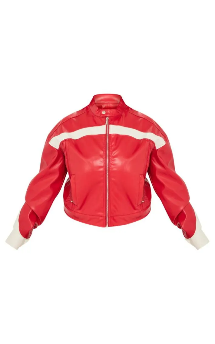 Plus Red PU Racer Neck Pleated Detail Jacket