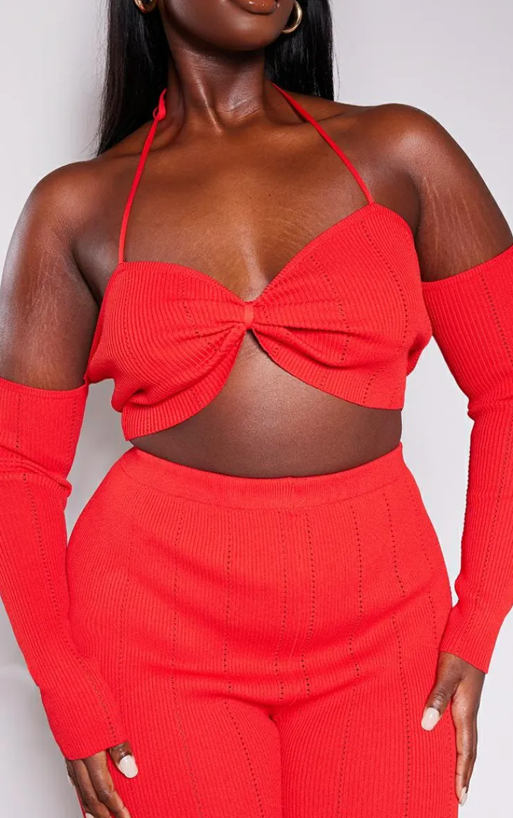 PrettyLittleThing Knitted Tops*Plus Rib Knit Bardot Tie Neck Top