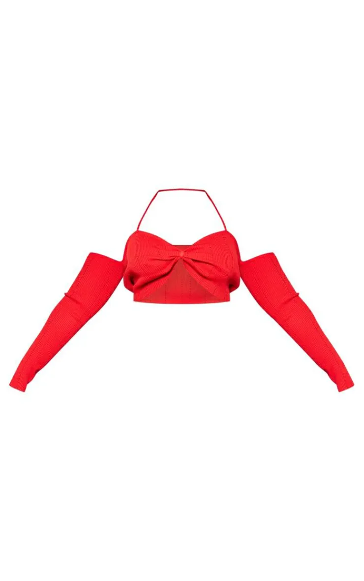 PrettyLittleThing Knitted Tops*Plus Rib Knit Bardot Tie Neck Top