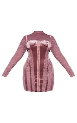 Plus Lace High Neck Velvet Detail Mini Dress-PrettyLittleThing Online