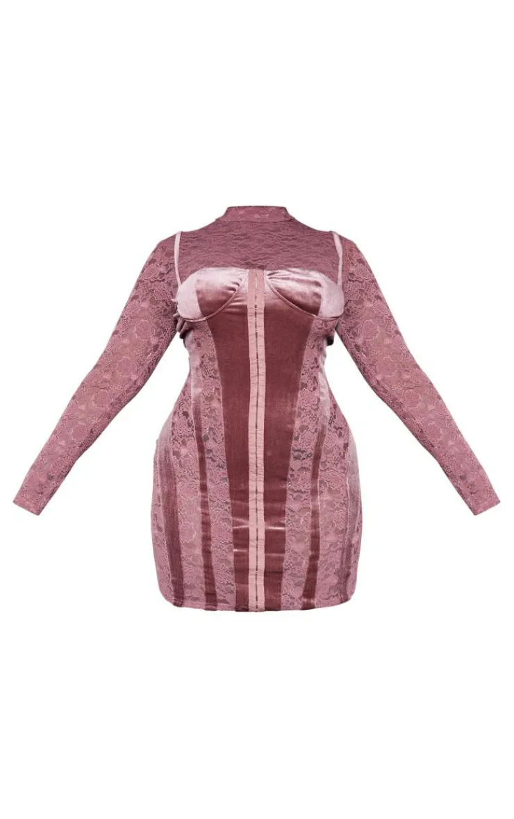 Plus Lace High Neck Velvet Detail Mini Dress-PrettyLittleThing Online