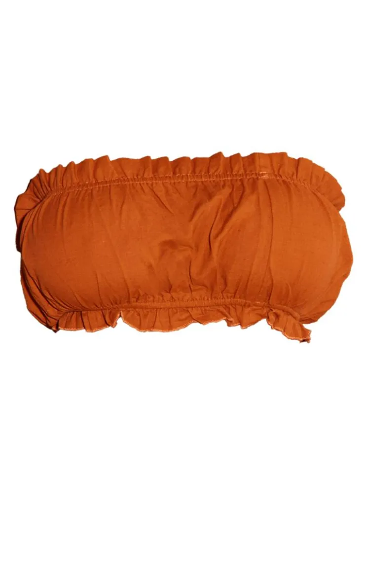 Best PrettyLittleThing Plus Linen Look Ruffle Hem Bandeau Crop Top Rust