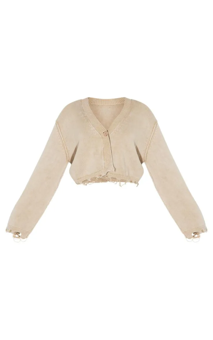 Outlet PrettyLittleThing Plus Distressed Detail Acid Wash Knit Cardigan Stone