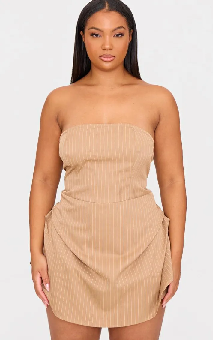 Plus Stone Pinstripe Woven Bandeau Ruched Side Skort Romper