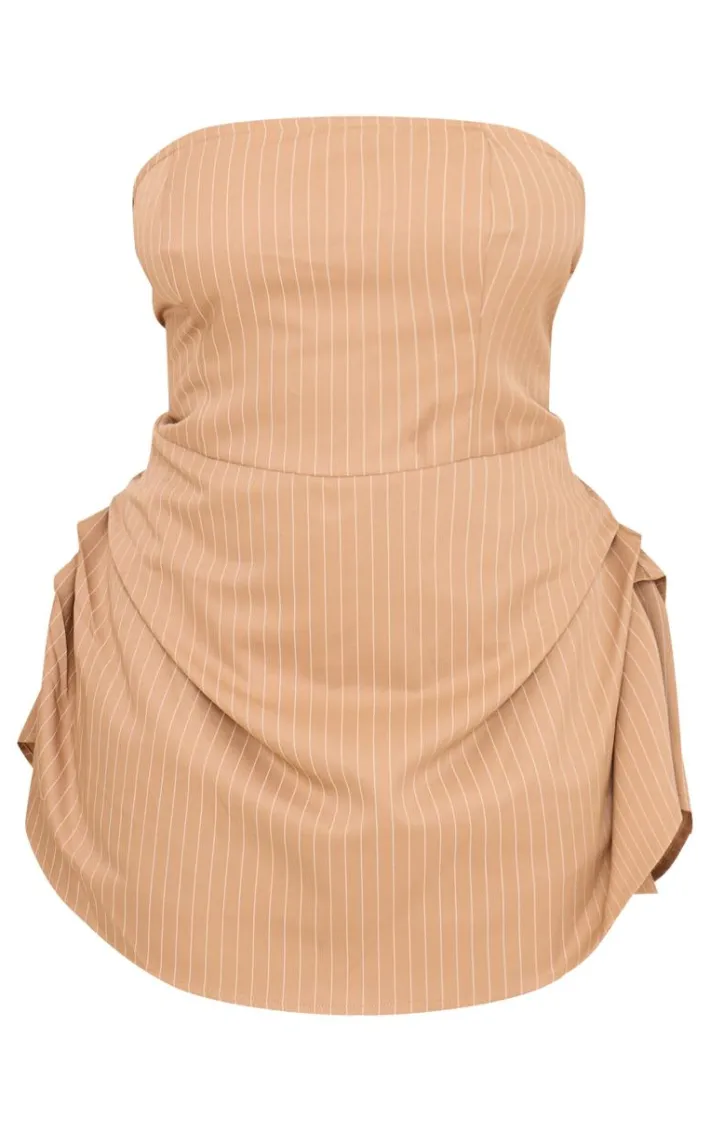Plus Stone Pinstripe Woven Bandeau Ruched Side Skort Romper