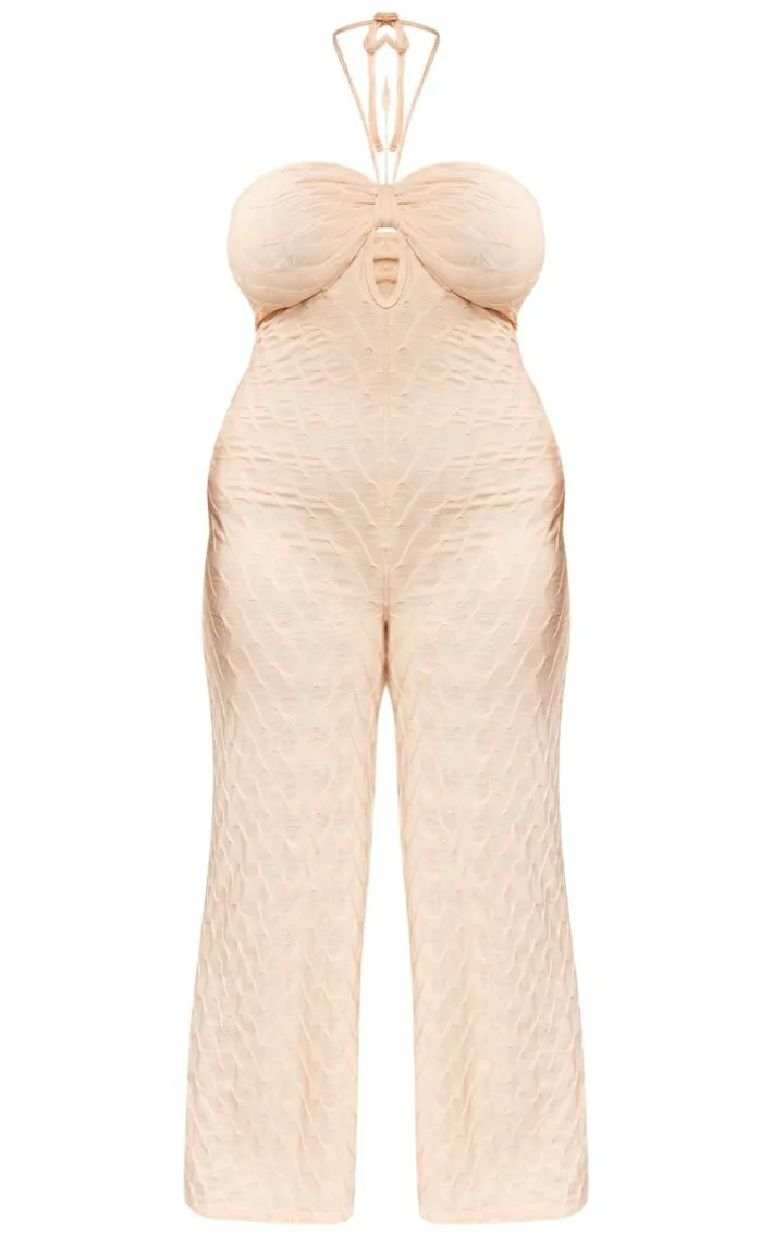 Plus Stone Textured Halterneck Jumpsuit