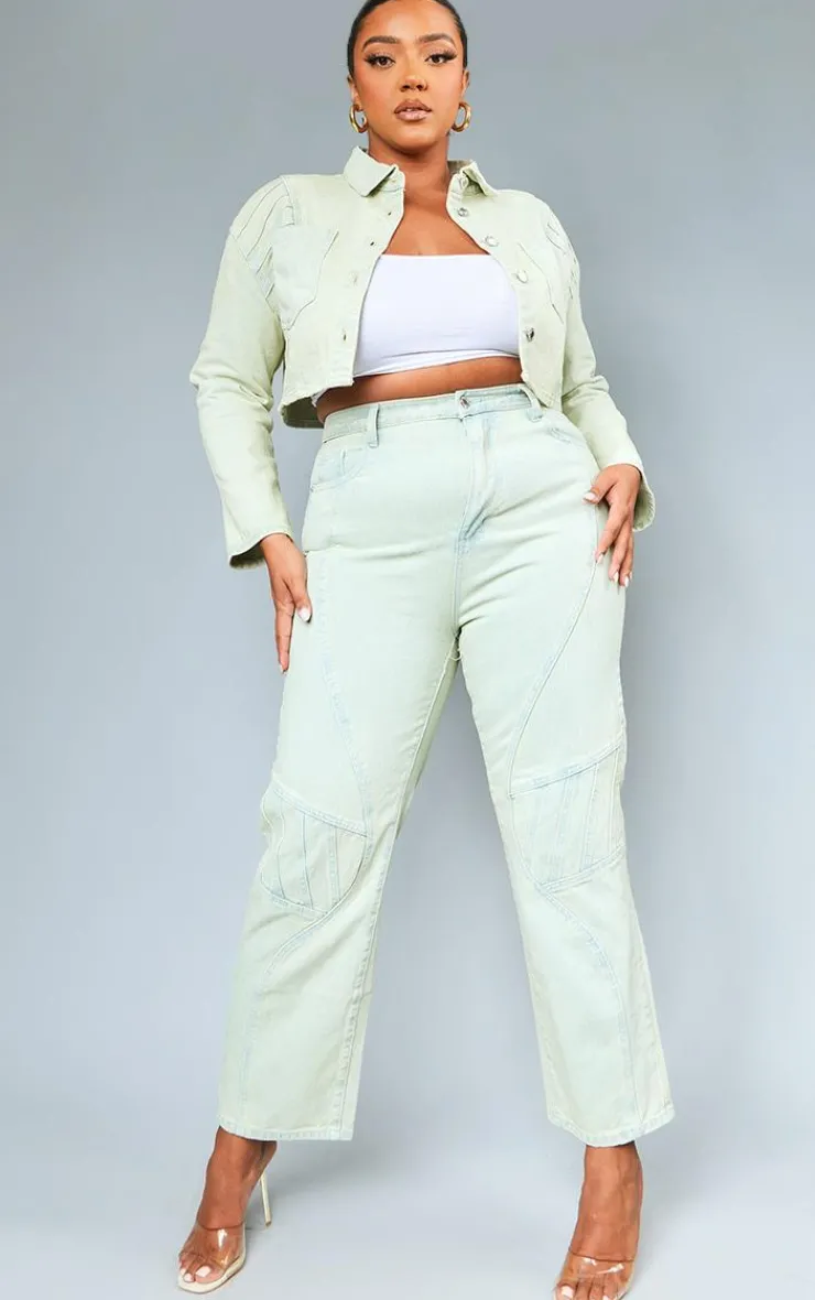 Best PrettyLittleThing Plus Vintage Wash Seam Detail Crop Denim Jacket Stone