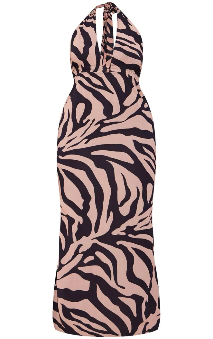 Plus Zebra Printed Chiffon Halterneck Maxi Dress-PrettyLittleThing Outlet