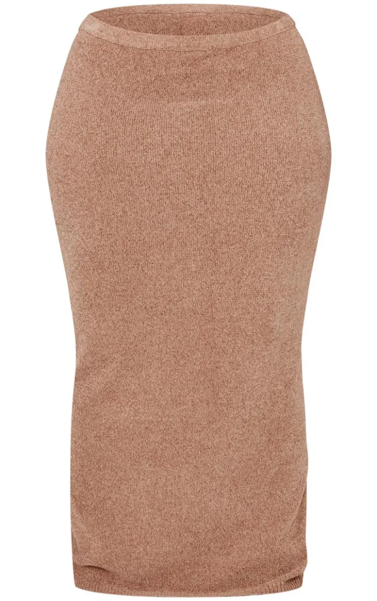 PrettyLittleThing Plus Soft Textured Knit Maxi Skirt Taupe