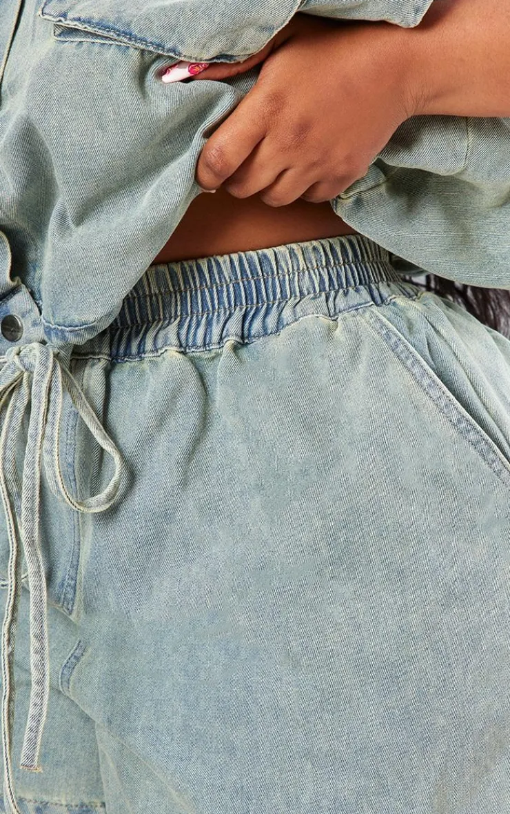 New PrettyLittleThing Plus Elasticated Waist Denim Shorts Vintage Light Wash