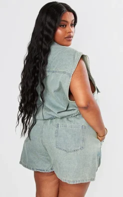 New PrettyLittleThing Plus Sleeveless Popper Detail Denim Top Vintage Light Wash