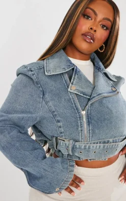 Plus Vintage Mid Wash Cropped Denim Biker Jacket