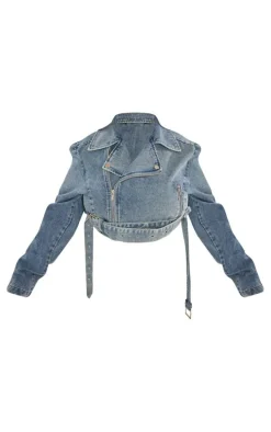 Plus Vintage Mid Wash Cropped Denim Biker Jacket