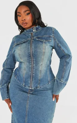 Plus Vintage Wash Zip Up Fitted Denim Jacket