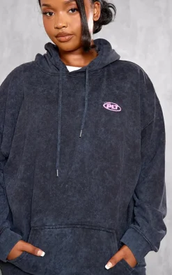 PrettyLittleThing Black Sweatsuits*Plus Plt Graphic Acid Wash Puff Printed Hoodie