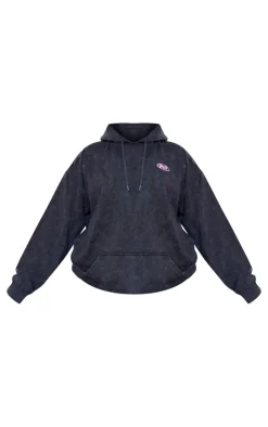 PrettyLittleThing Black Sweatsuits*Plus Plt Graphic Acid Wash Puff Printed Hoodie