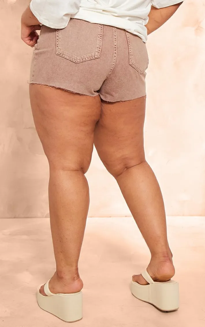 Plus Washed Brown Raw Hem Denim Shorts
