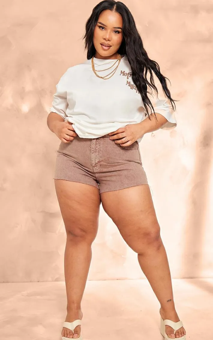 Plus Washed Brown Raw Hem Denim Shorts